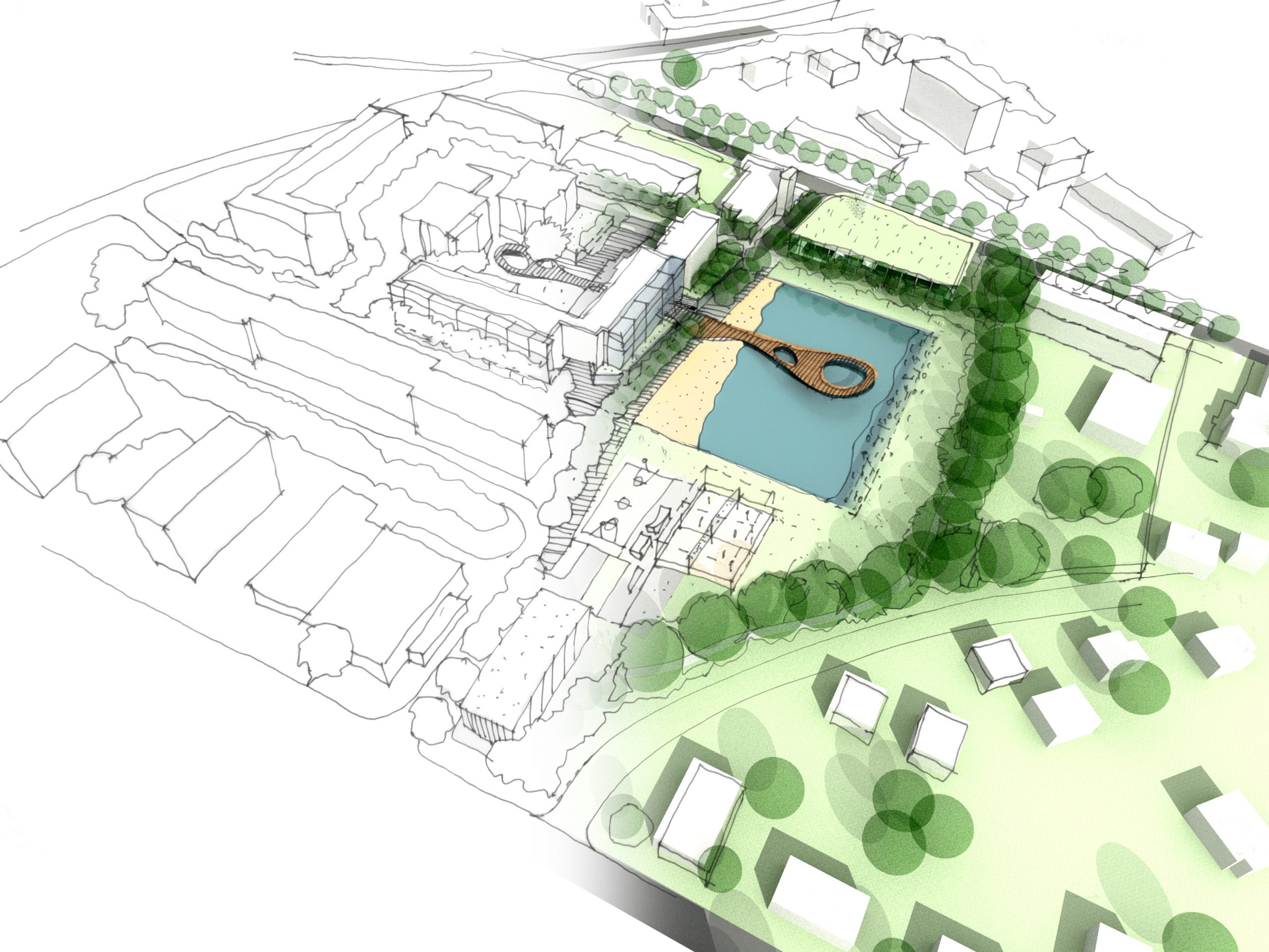 Innovative Visualisierung eines modernen Stadtquartiers mit Wasserfläche und Grünanlagen – nachhaltige Stadtentwicklung durch City Concept Leipzig.