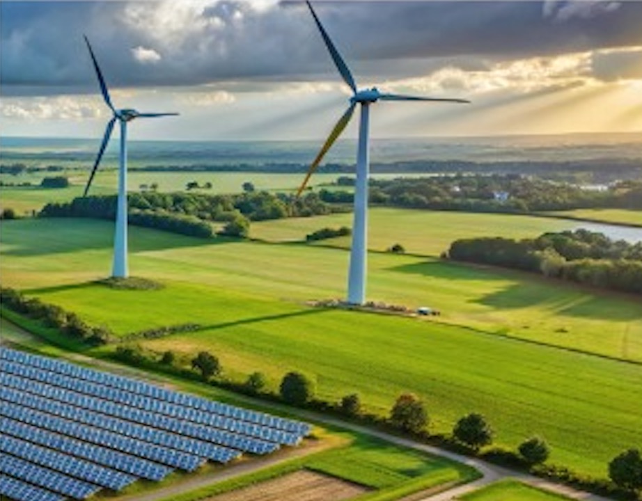 Landschaft mit Windrädern und Solaranlage zur Erzeugung erneuerbarer Energie – City Concept Leipzig