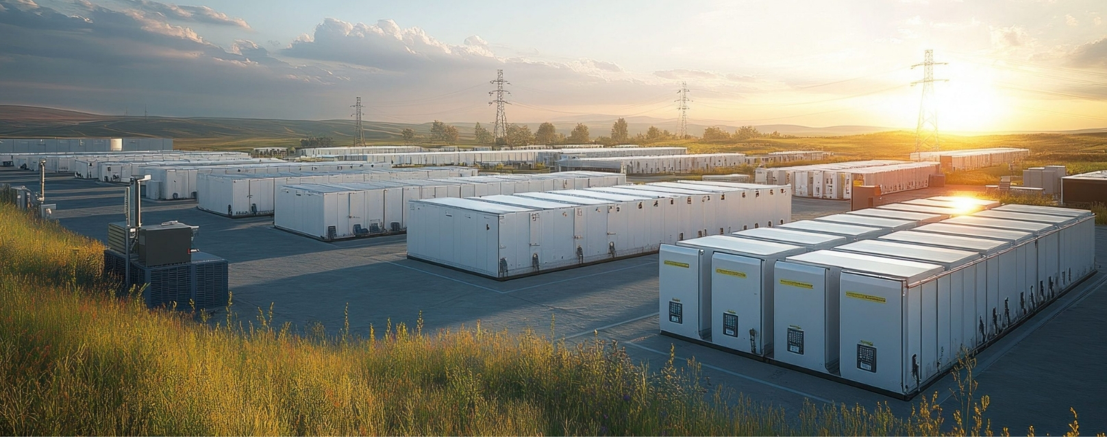 Energiespeicheranlage mit Containermodulen bei Sonnenuntergang – City Concept Leipzig